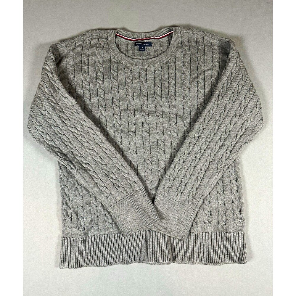 Tommy Hilfiger Cable Knit Sweater Mens M Gray Crew Cotton Nylon Wool Cambodia